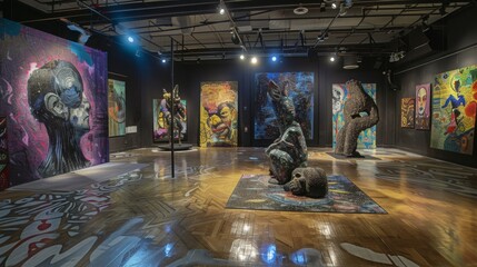 Poster - A contemporary art gallery exhibit featuring a variety of abstract paintings and sculptures. The space is adorned with colorful and intricate artwork.