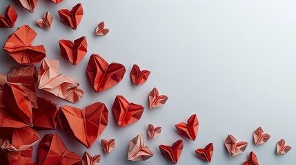 Valentine's Day decor. Red paper hearts on a white background. Paper origami bright red leaves. Postcard for the day of love. Space for text.