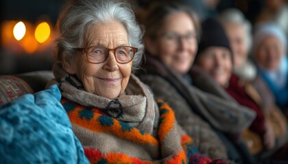 An elderly woman with glasses, wearing a winter shawl, smiles warmly in a group setting, indicative of camaraderie