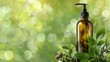 © TheWaterMeloonProjec - Organic skin care product in amber glass bottle with green background and natural elements