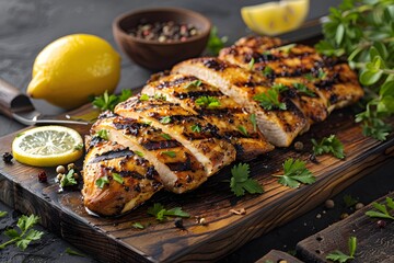 Wall Mural - Grilled Chicken Breast with Fresh Herbs and Lemon Slices