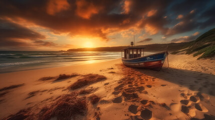 Wall Mural - A boat is sitting on the beach, with the sun setting in the background. The scene is serene and peaceful, with the boat being the only object in the foreground