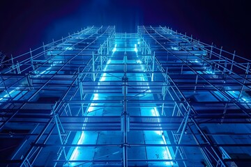 Wall Mural - Futuristic Digital Architecture and Circuit Grid Illumination in Blue Neon Tones