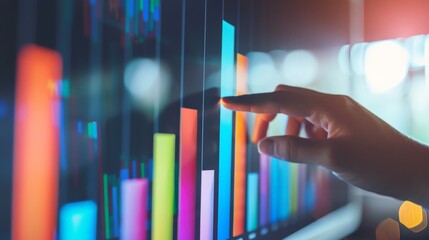 Aufkleber - Finger pointing at colorful financial bar graphs on a screen. Vibrant data analysis and business growth concept. Perfect for financial presentations and reports