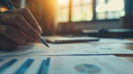 Poster - Hand pointing at financial chart on paper in a modern office. Business strategy and data analysis concept. Perfect for business reports and presentations