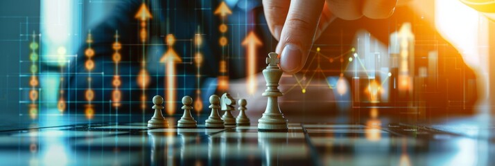 Poster - Hand playing chess with digital financial graphs in the background. Business strategy and financial planning concept. Perfect for strategy presentations and reports