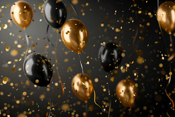 Wall Mural - gold black balloon confetti background for graduation birthday happy new year opening sale concept, usable for banner poster brochure ad invitation flyer template