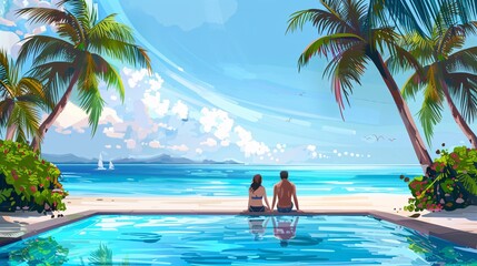 Tropical resort relaxation: couple enjoying their holiday by the pool.