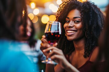 Happy african american woman drinking red wine at bar restaurant - Multiracial friends having fun celebrating at dinner time toasting drinks - Friendship, Generative AI