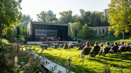 A view of a concert audience seated on a grassy hill in front of a stage. People are seated in front of the stage watching a performance.