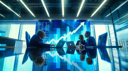 Aufkleber - Business team with laptops analyzing financial data on a large screen. Ideal for corporate strategy and teamwork themes