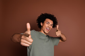 Sticker - Photo portrait of nice young guy dancing point you wear trendy khaki outfit isolated on brown color background