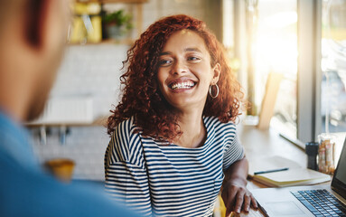 Poster - Discussion, happy and woman in coffee shop with laptop for freelance creative project. Smile, conversation and female copywriter with computer for research talking to friend at cafe in Brazil.