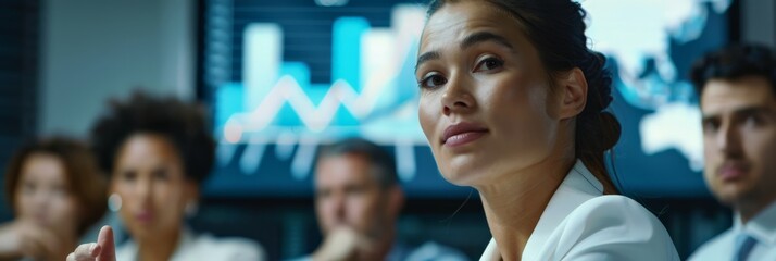 Aufkleber - Confident businesswoman in a meeting with charts in the background. Leadership and professional success concept. Ideal for corporate presentations and executive visuals