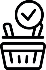 Poster - Simple black line art icon of a shopping basket with a check mark confirming purchase