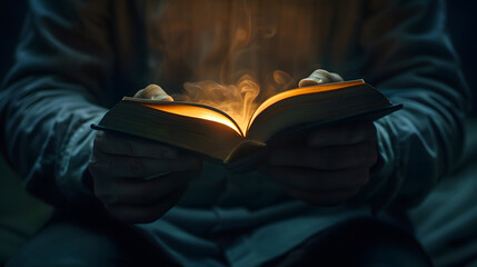 Wall Mural - Person Holding Open Book With Glowing Light and Smoke