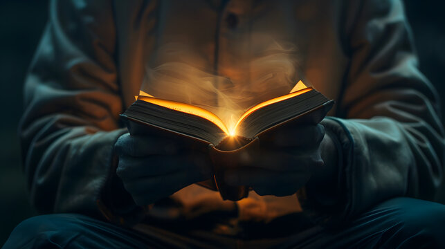 Person Holding Open Book With Glowing Light and Smoke Emitting From Pages in the Dark