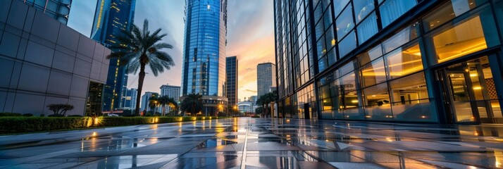 Wall Mural - Modern cityscape with high-rise buildings and reflective glass facades during sunset. Ideal background for business themes, financial growth, and urban development