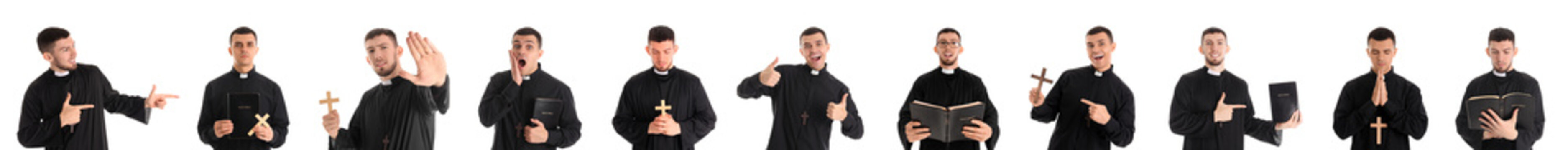 Set of young priests on white background