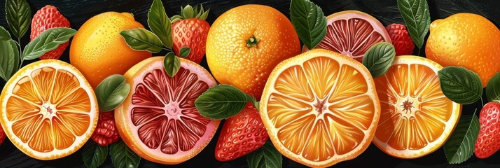 Wall Mural - Elegant Abstract Fruit Background With Oranges and Strawberries