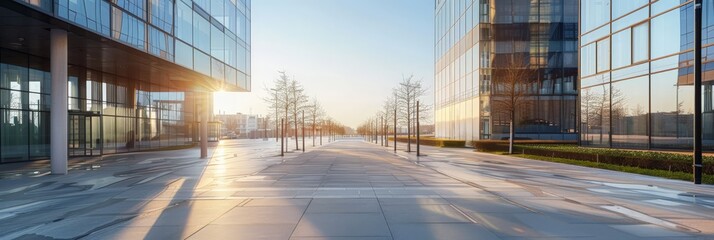 Poster - Sunlit business district with glass office buildings and a clean, paved walkway. Corporate environment and modern urban design concept