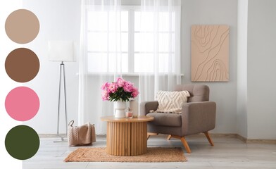 Wall Mural - Vase with pink peonies flowers on table near soft armchair in stylish living room. Different color patterns