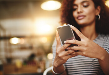 Aufkleber - Smartphone, hands of woman and reading in coffee shop on social media, text and browsing on internet. Female person, technology and status update in cafe for communication, contact and networking