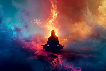 Poster - Serene Figure In Meditation, Surrounded By Ethereal Light, Experiencing A Spiritual Awakening