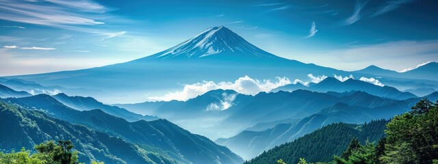 Wall Mural - Majestic Mount Fuji rises above a sea of clouds and lush green mountains, showcasing the beauty of Japan's natural landscape.