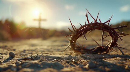 Wall Mural - The cross, crown of thorns, red sunset symbolizing the sacrifice and suffering of Jesus Christ. Easter concept background depicting the cross, a desert landscape.