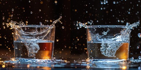 Sticker - Water Splash in Two Glasses with a Festive Backdrop