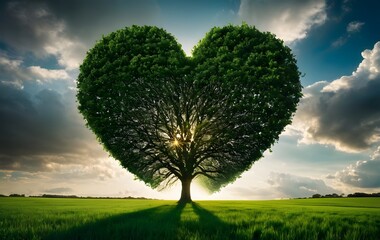 Wall Mural - Heart shaped tree on green field symbolize clean air, green environment, health, green economy, view of nature ecosystem for save Earth.