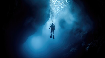 Wall Mural - Diver underwater in the blue sea. Scuba diving in the depths of the sea