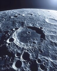 captivating lunar landscape with dramatic craters and shadows across the monochrome surface