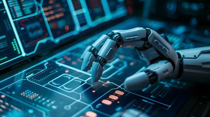 Robotic hand interacting with futuristic technology, artificial intelligence concept.