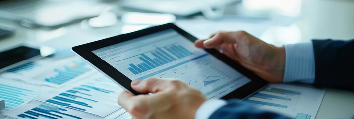 Aufkleber - Hands holding a digital tablet with financial graphs and charts. Business data analysis and strategy concept