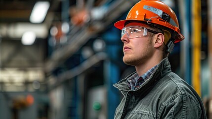 Sticker - Focused Factory Worker Wearing Hard Hat and Safety Glasses in Industrial Setting