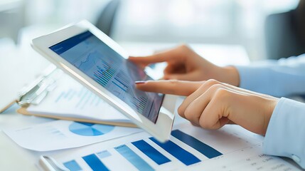 Aufkleber - Hands holding a digital tablet with business data charts. Financial planning and strategy concept