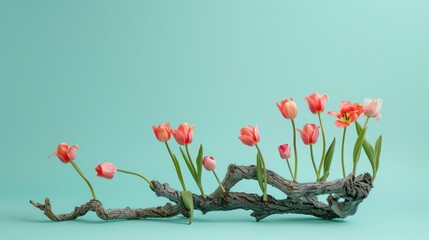 Canvas Print - Minimalistic depiction of fallen tree and tulips on pale blue backdrop