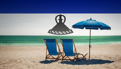 Wall Mural - Two blue beach chairs and an umbrella await, inviting travelers to experience a relaxing Lesotho beach vacation