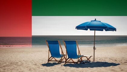 Wall Mural - Two blue beach chairs and an umbrella await, inviting travelers to experience a relaxing United Arab Emirates beach vacation