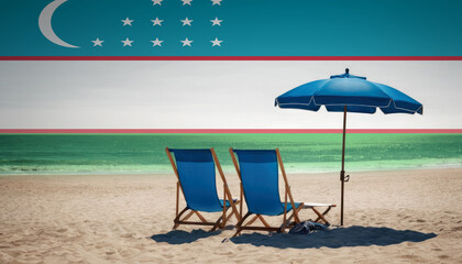 Wall Mural - Two blue beach chairs and an umbrella await, inviting travelers to experience a relaxing Uzbekistan beach vacation