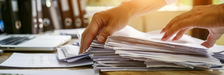 Aufkleber - Hands sorting through a stack of documents on a desk. Business paperwork and organization concept. Ideal for office management and corporate administration
