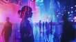 © SKIMP Art - A double exposure of silhouettes of business people and stock market charts with a blue, purple and pink color palette Generative AI