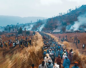 Wall Mural - A large group of people walking down a dirt road. AI.