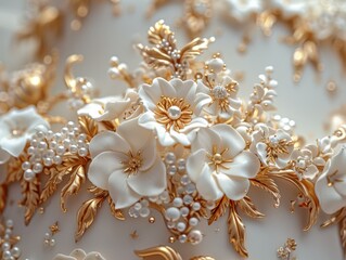 Sticker - A close up of a white and gold cake with flowers. AI.