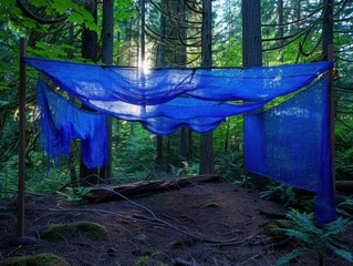 Canvas Print - A blue cloth is draped over a tree in the woods. AI.