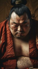 Wall Mural - A sumo wrestler with a red robe and hair tied up. AI.