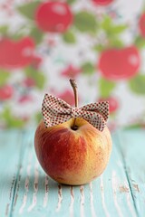 Sticker - A small apple with a bow tie on it sitting next to flowers. AI.