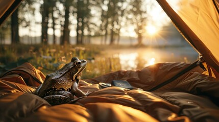 Sticker - A frog sitting on top of a tent in the woods. AI.